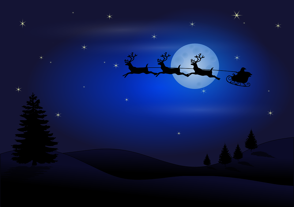 Silhouette Santa auf einem Schlitten mit fliegenden Rentieren