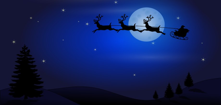 Silhouette Santa auf einem Schlitten mit fliegenden Rentieren