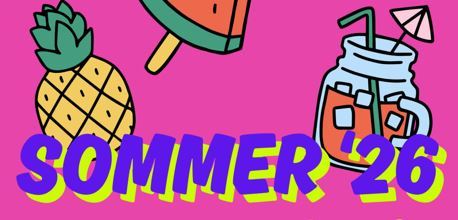 Plakat Sommer 2026 mit einer Annanas einem Wassermeloneneis und einem Coktail