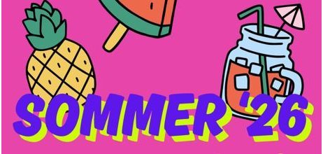 Plakat Sommer 2026 mit einer Annanas einem Wassermeloneneis und einem Coktail