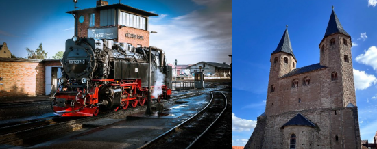Bild einer Schmalspurlokomotive und Kirche Wernigerode