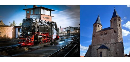 Bild einer Schmalspurlokomotive und Kirche Wernigerode