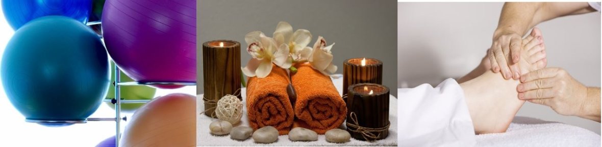 Bild von Gymnastikbällen, Handtüchern dekoriert mit Blüten und Kerzen und eine Fußmassage Gesundheitsberufe.JPG
